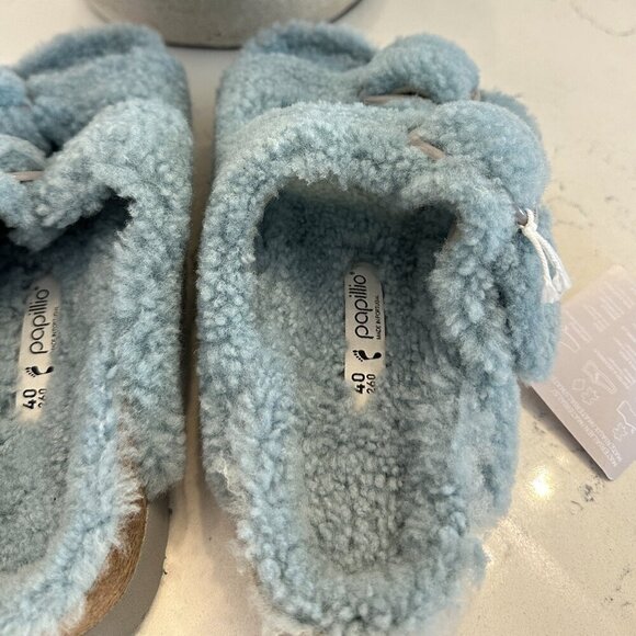 BIRKENSTOCK Arizona Big Buckle Genuine Shearling Slide Sandal in Faded Aqua - Picture 7 of 9